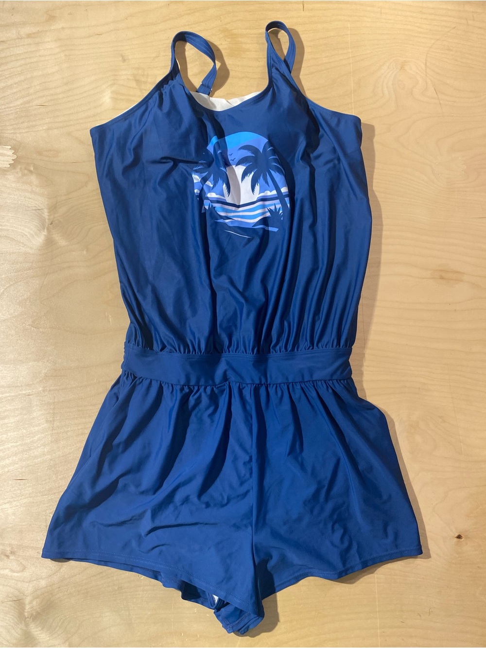 BloomChic Blue One-Piece Swim Romper with Palm Print 14-16 (Z) - Picture 3 of 9